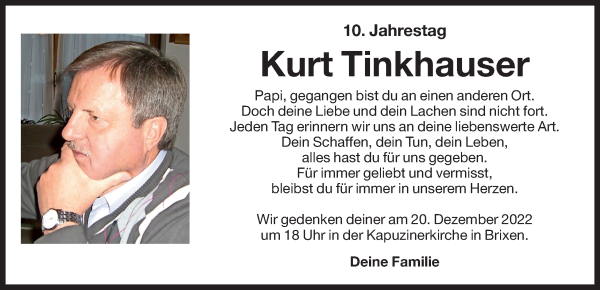 Traueranzeige von Kurt Tinkhauser von Dolomiten