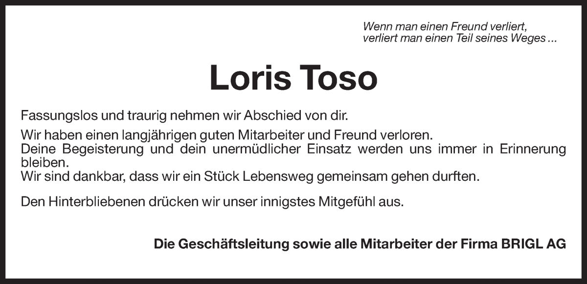  Traueranzeige für Loris Toso vom 29.12.2022 aus Dolomiten
