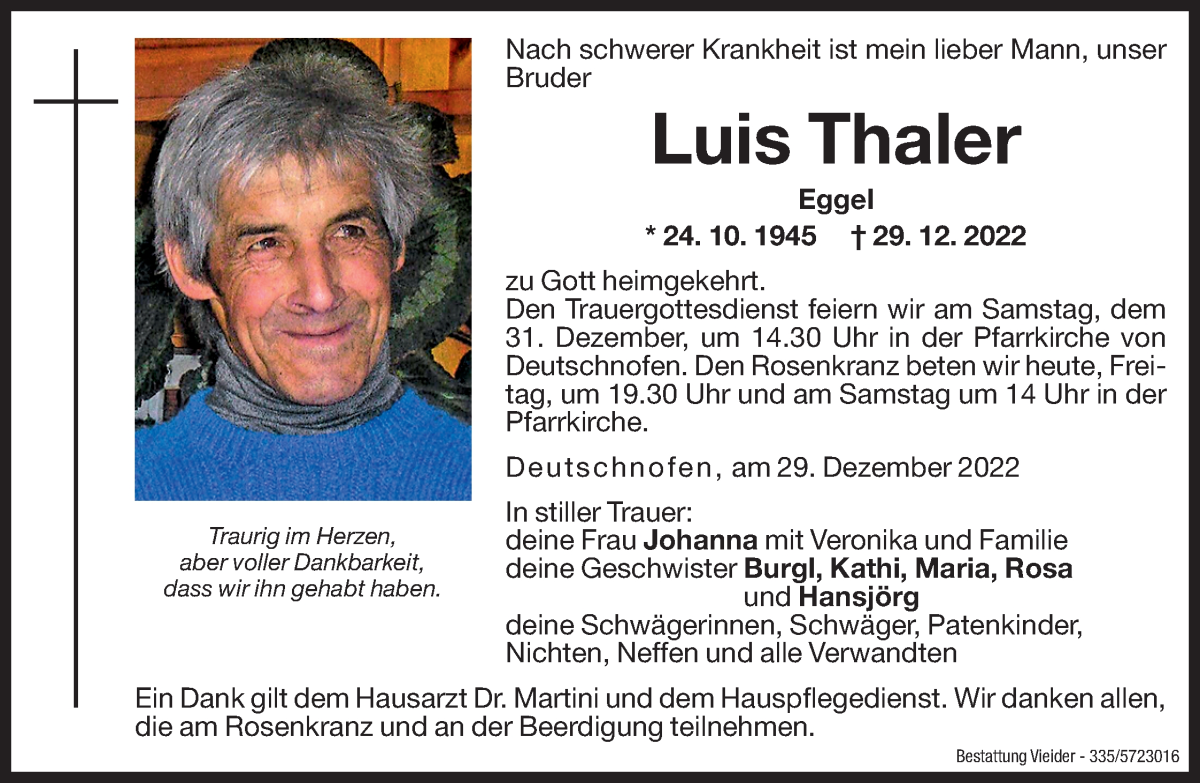  Traueranzeige für Luis Thaler vom 30.12.2022 aus Dolomiten