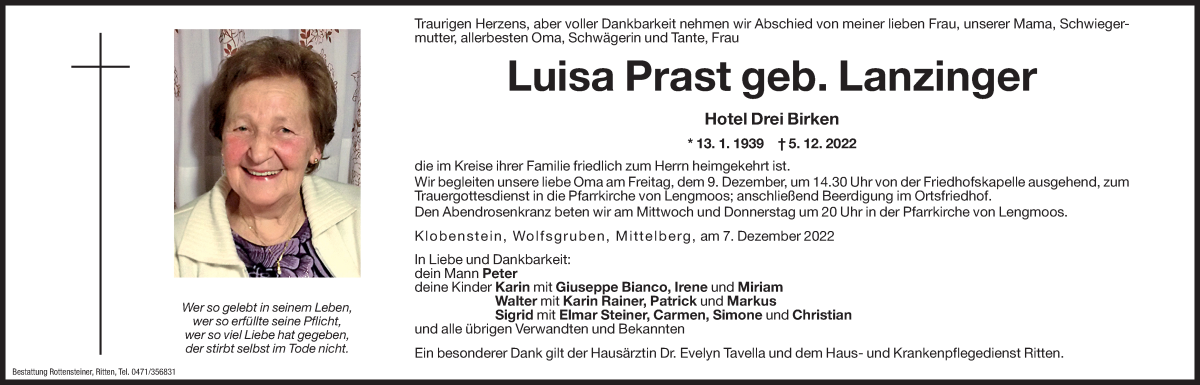  Traueranzeige für Luisa Prast vom 07.12.2022 aus Dolomiten
