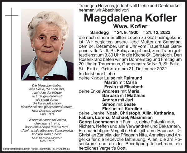 Traueranzeige von Magdalena Kofler von Dolomiten