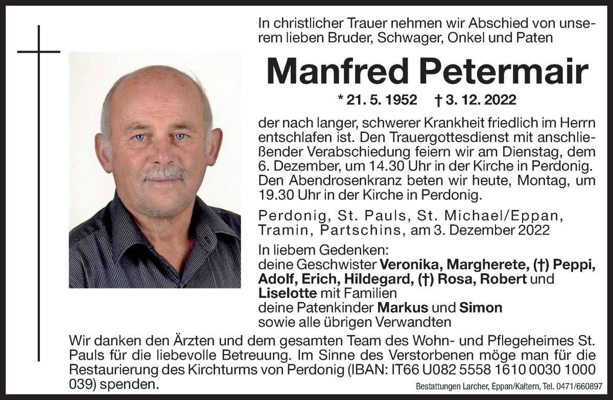  Traueranzeige für Manfred Petermair vom 05.12.2022 aus Dolomiten