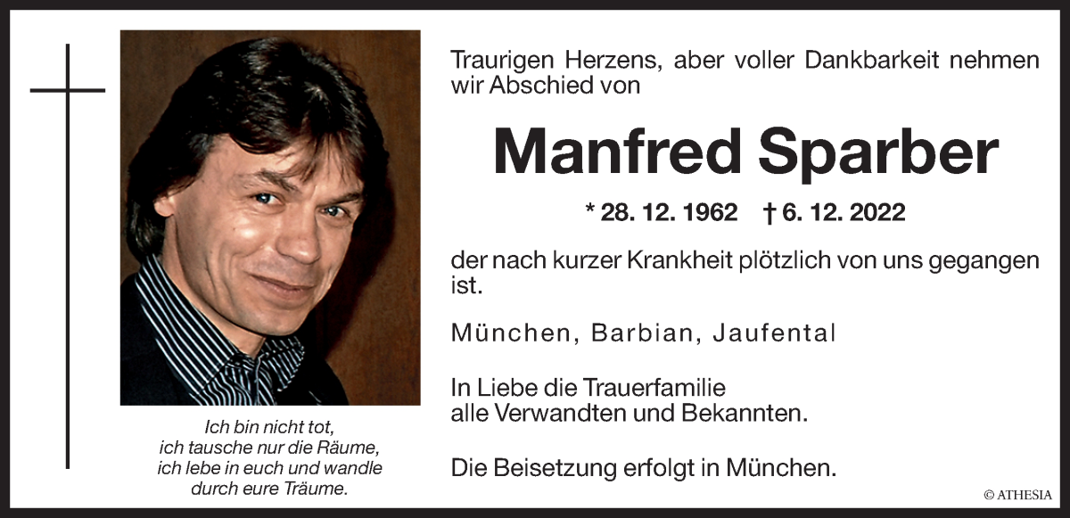  Traueranzeige für Manfred Sparber vom 10.12.2022 aus Dolomiten