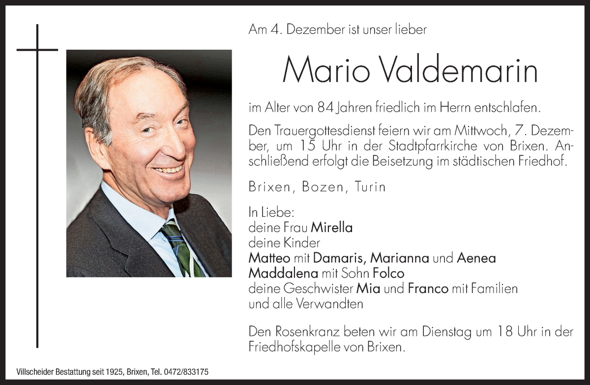  Traueranzeige für Mario Valdemarin vom 06.12.2022 aus Dolomiten