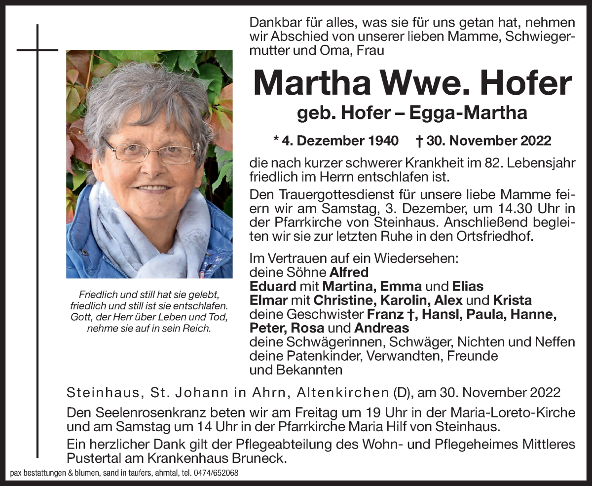  Traueranzeige für Martha Hofer vom 02.12.2022 aus Dolomiten