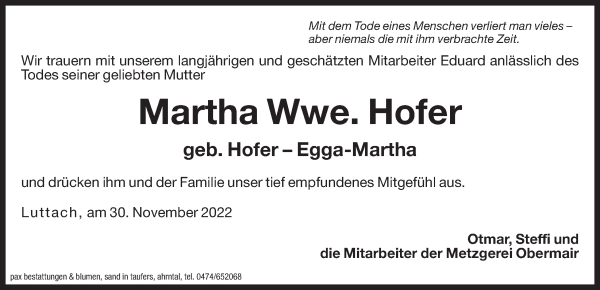 Traueranzeige von Martha Hofer von Dolomiten