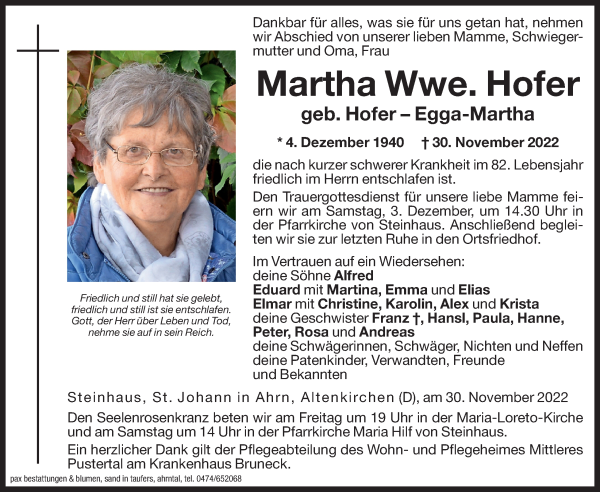 Traueranzeige von Martha Hofer von Dolomiten