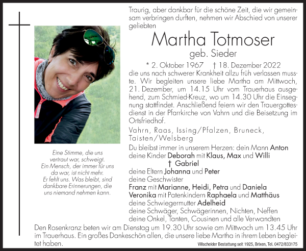 Traueranzeige von Martha Totmoser von Dolomiten