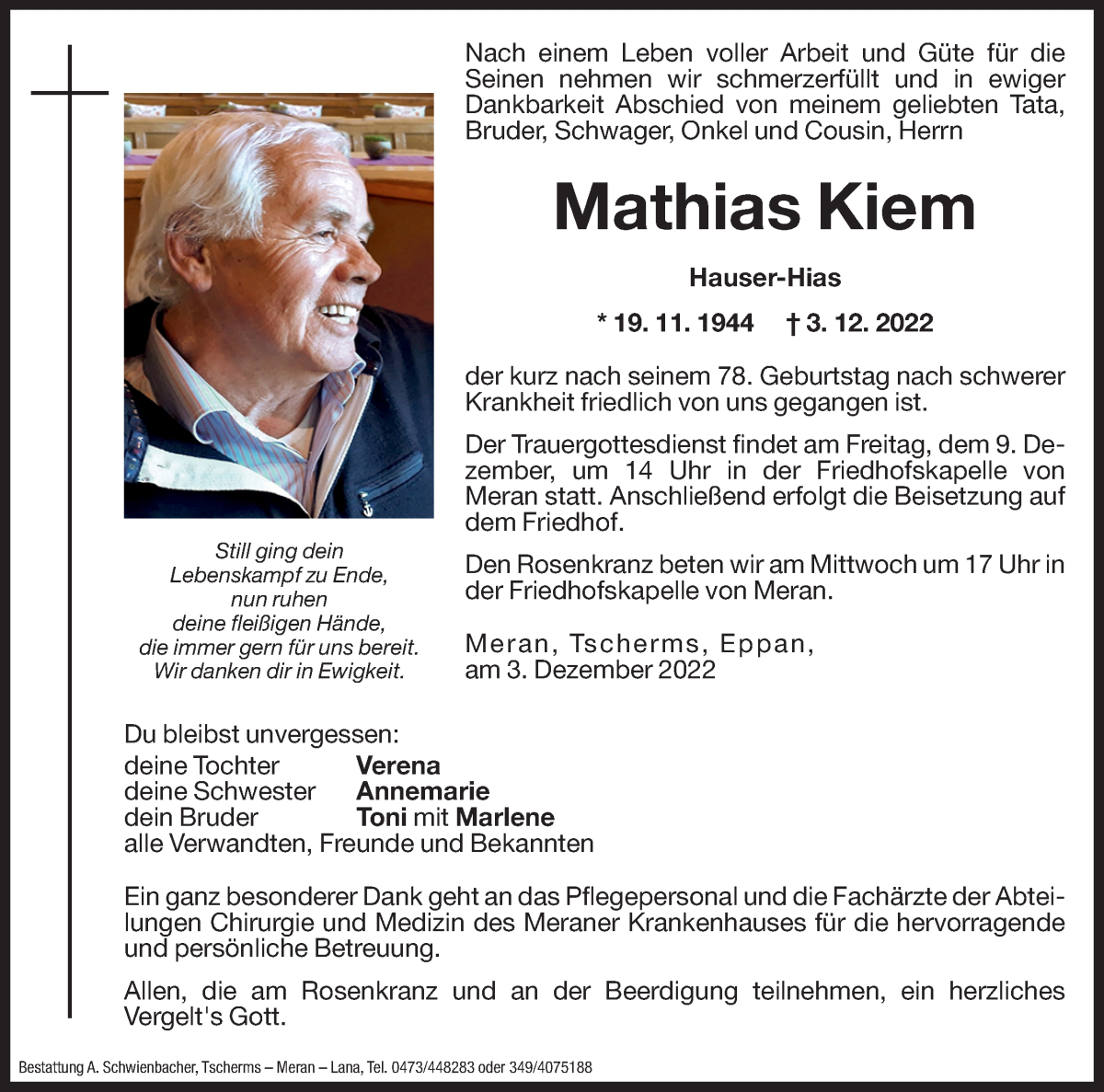  Traueranzeige für Mathias Kiem vom 06.12.2022 aus Dolomiten