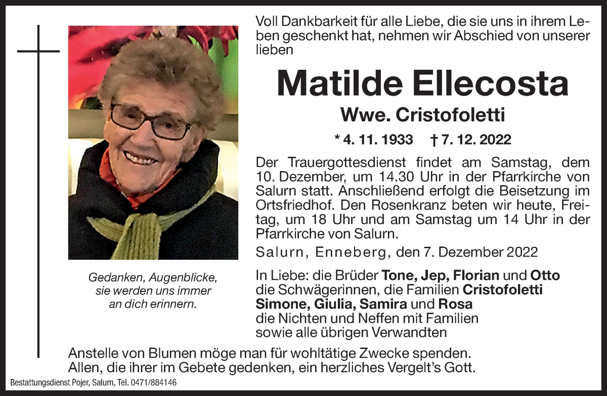  Traueranzeige für Matilde Cristofoletti vom 09.12.2022 aus Dolomiten