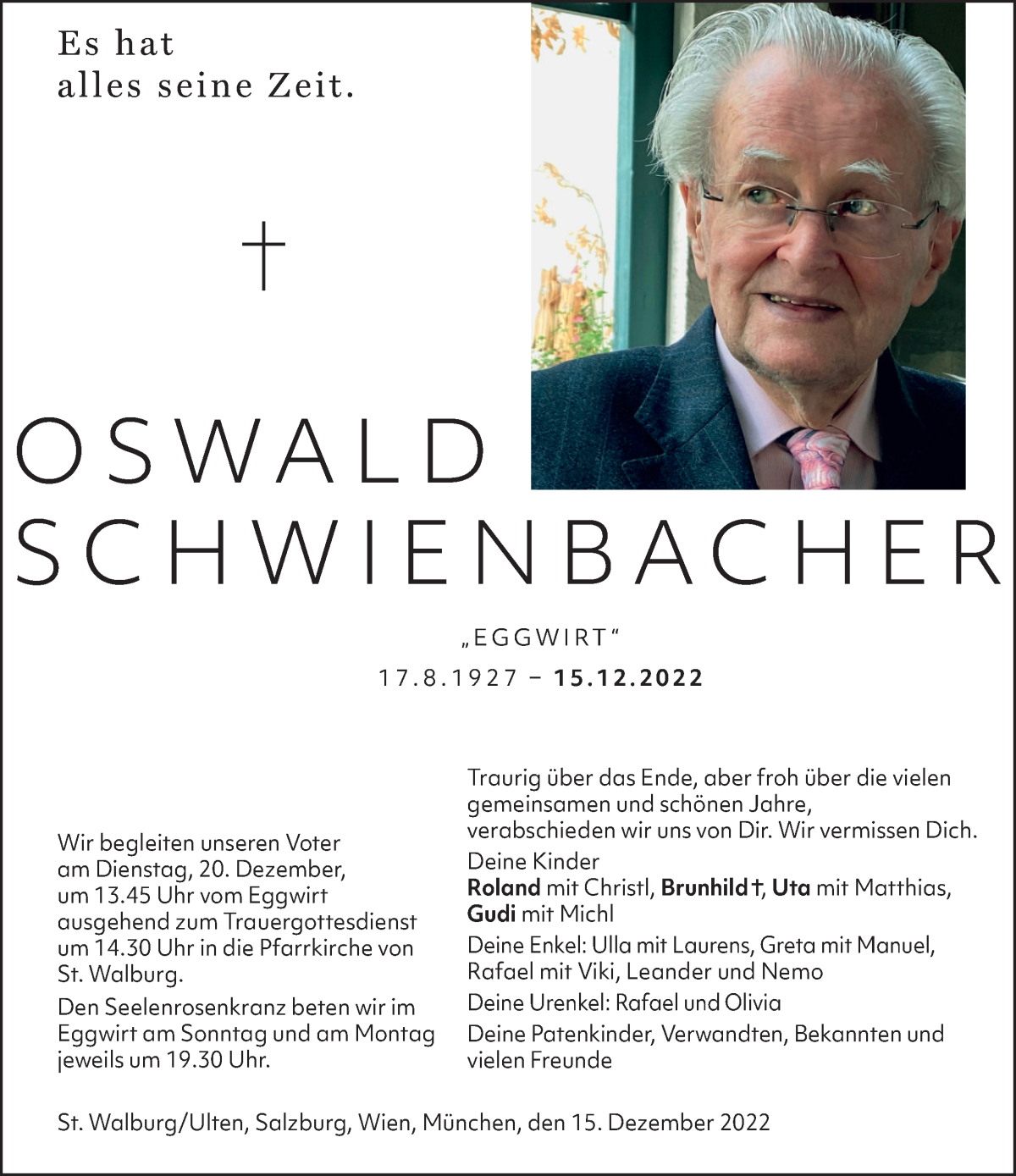  Traueranzeige für Oswald Schwienbacher vom 19.12.2022 aus Dolomiten