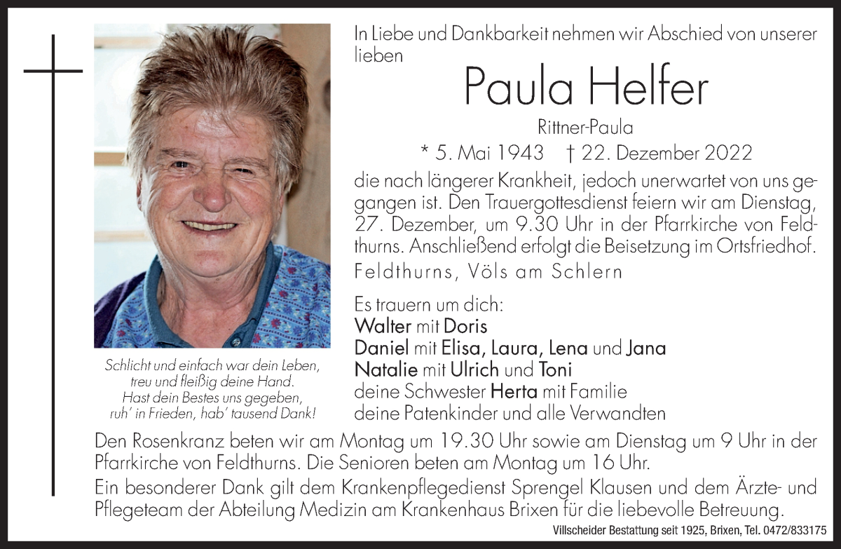  Traueranzeige für Paula Helfer vom 24.12.2022 aus Dolomiten