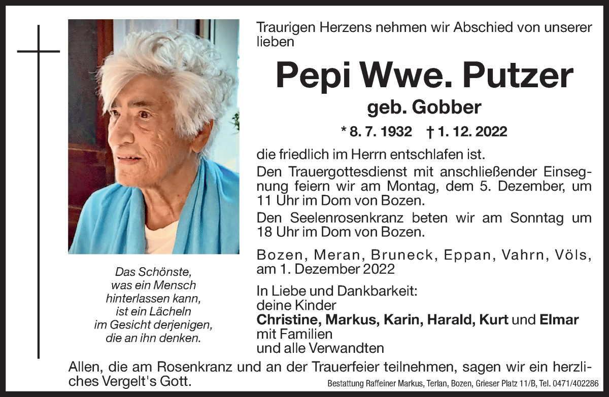  Traueranzeige für Pepi Putzer vom 03.12.2022 aus Dolomiten