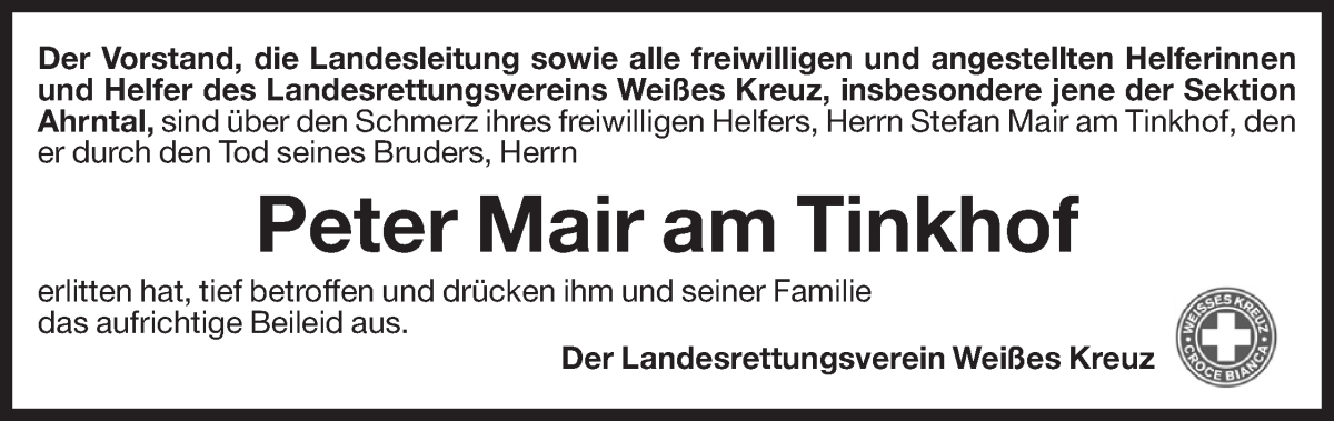  Traueranzeige für Peter Mair am Tinkhof vom 31.12.2022 aus Dolomiten