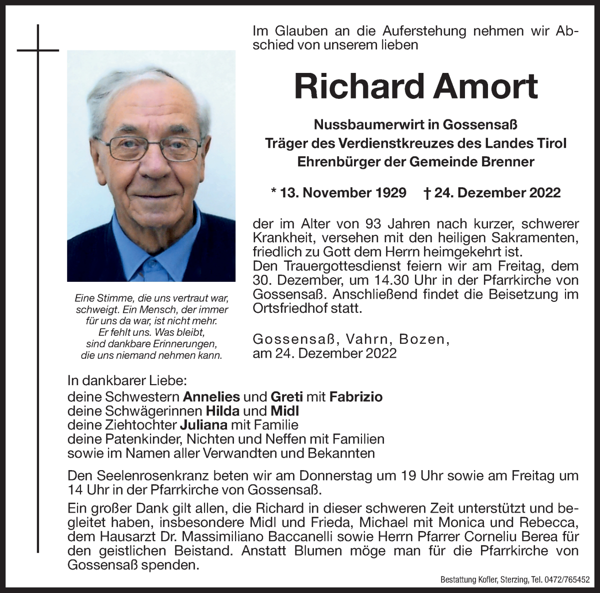  Traueranzeige für Richard Amort vom 28.12.2022 aus Dolomiten