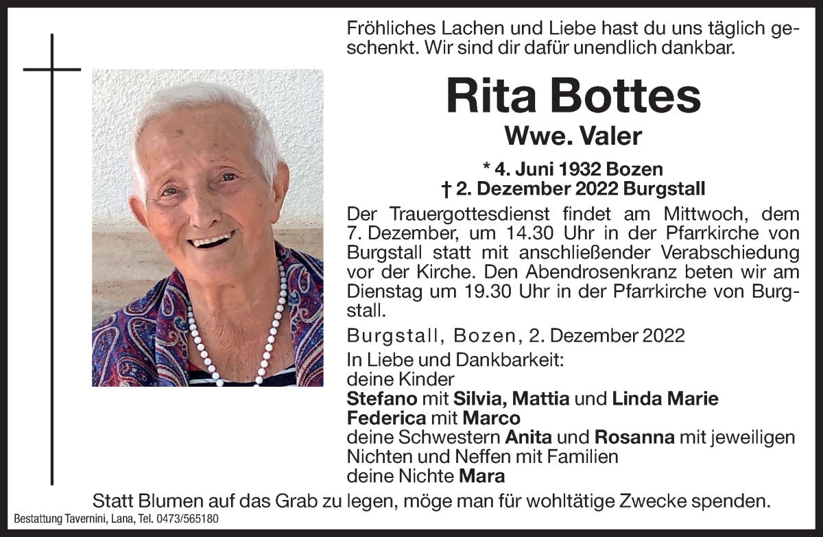  Traueranzeige für Rita Valer vom 05.12.2022 aus Dolomiten