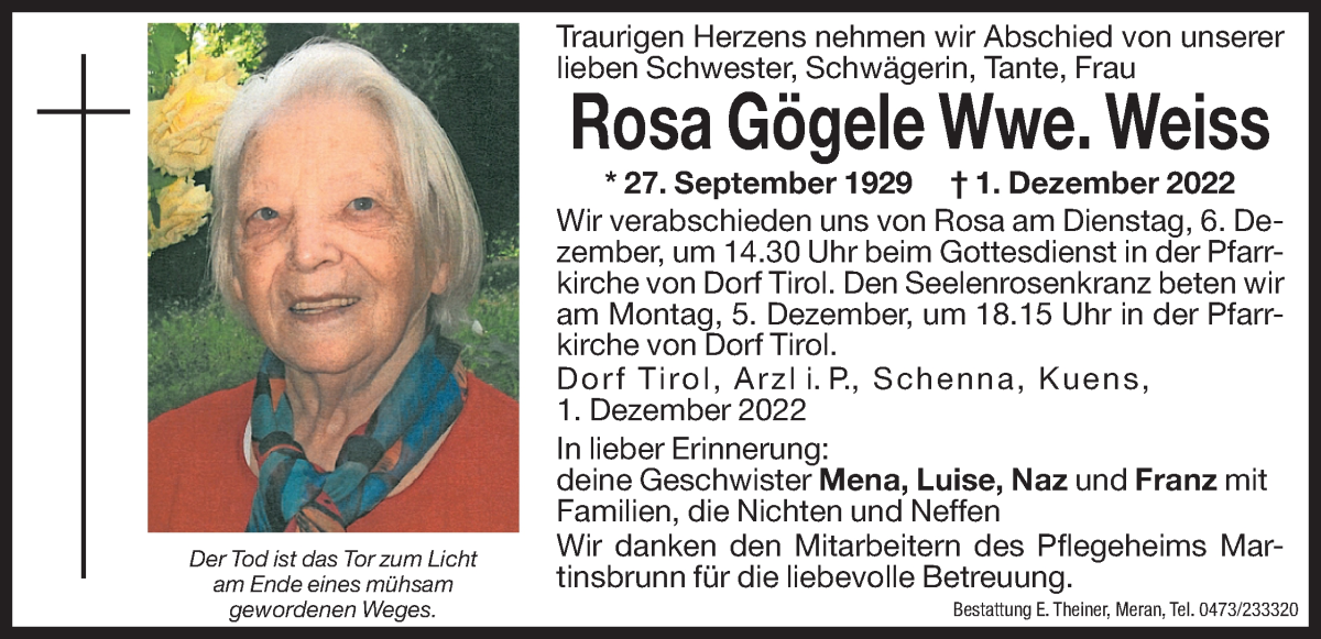  Traueranzeige für Rosa Weiss vom 03.12.2022 aus Dolomiten