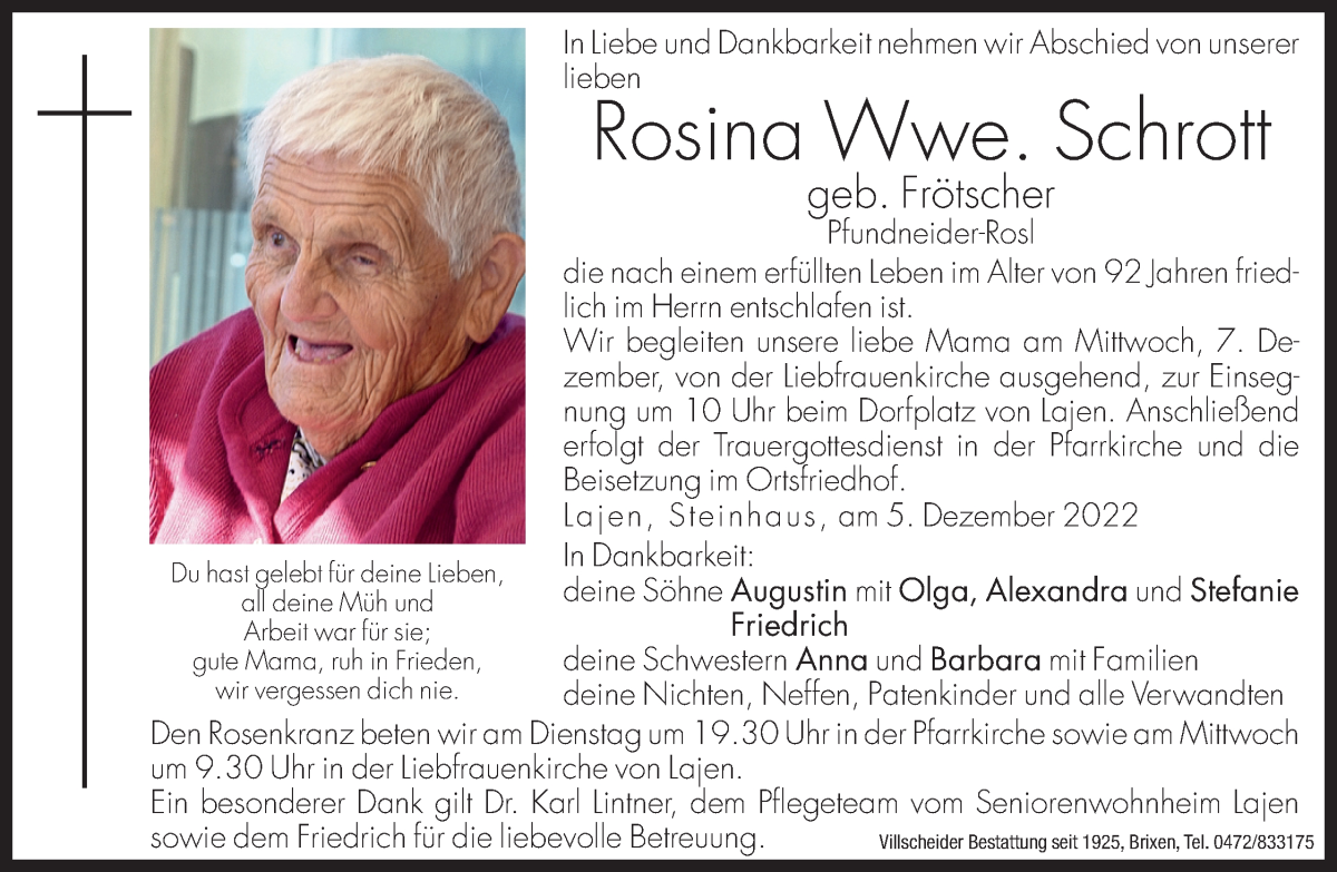  Traueranzeige für Rosina Schrott vom 06.12.2022 aus Dolomiten