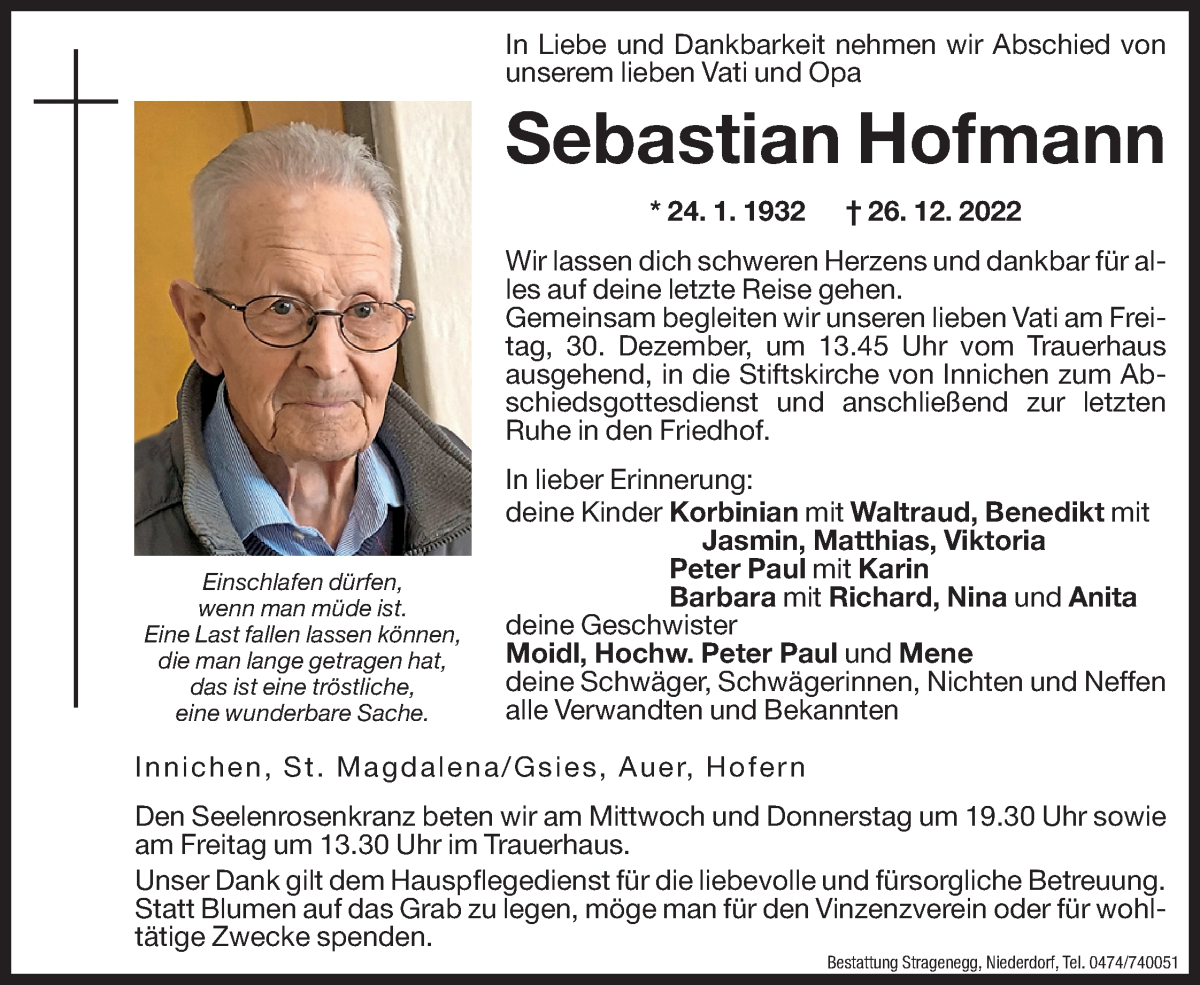  Traueranzeige für Sebastian Hofmann vom 28.12.2022 aus Dolomiten