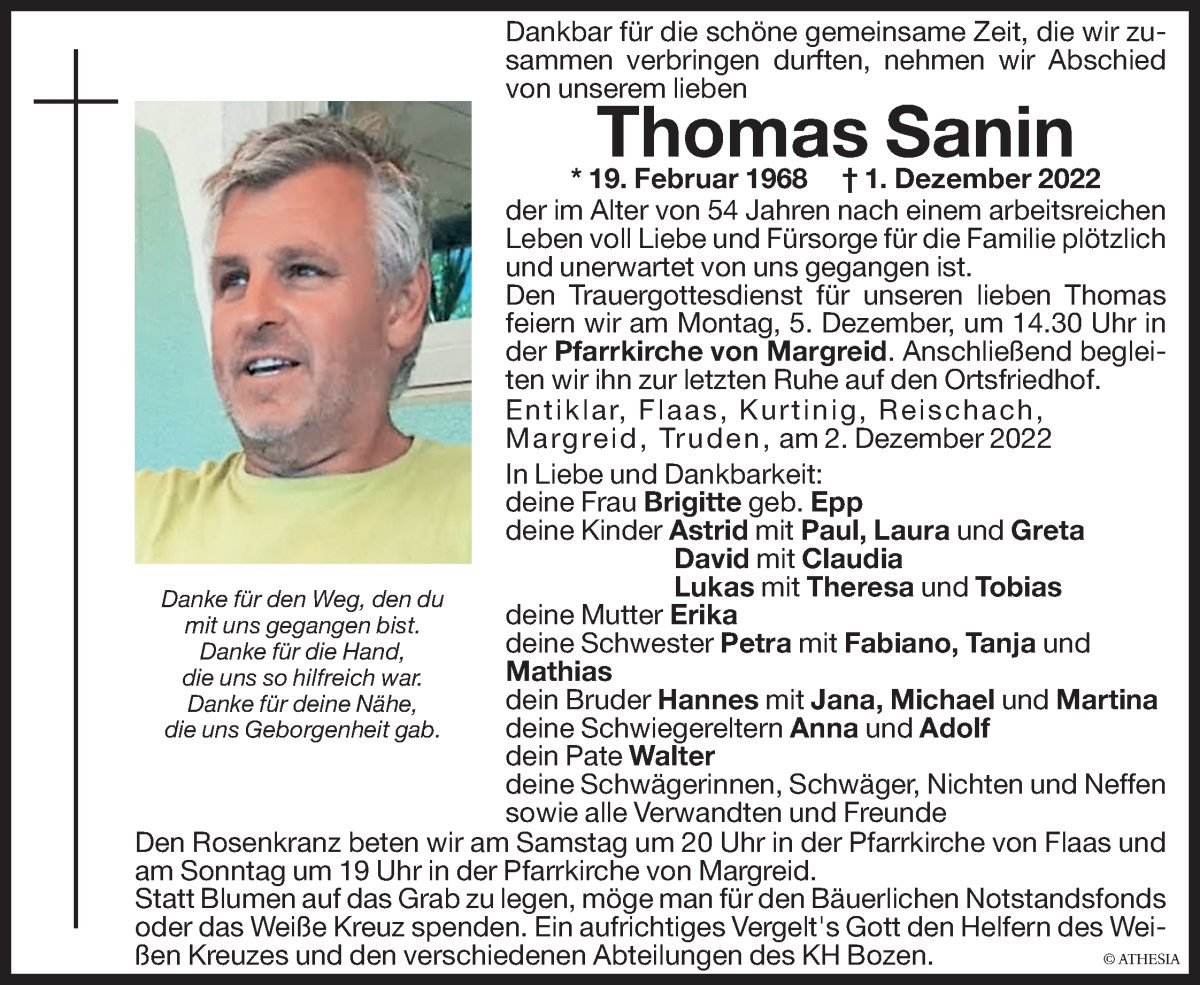  Traueranzeige für Thomas Sanin vom 03.12.2022 aus Dolomiten