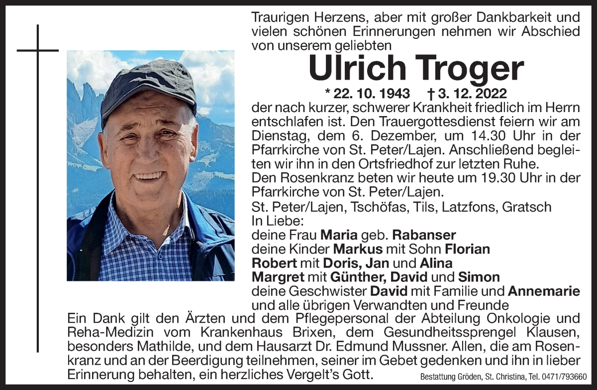  Traueranzeige für Ulrich Troger vom 05.12.2022 aus Dolomiten