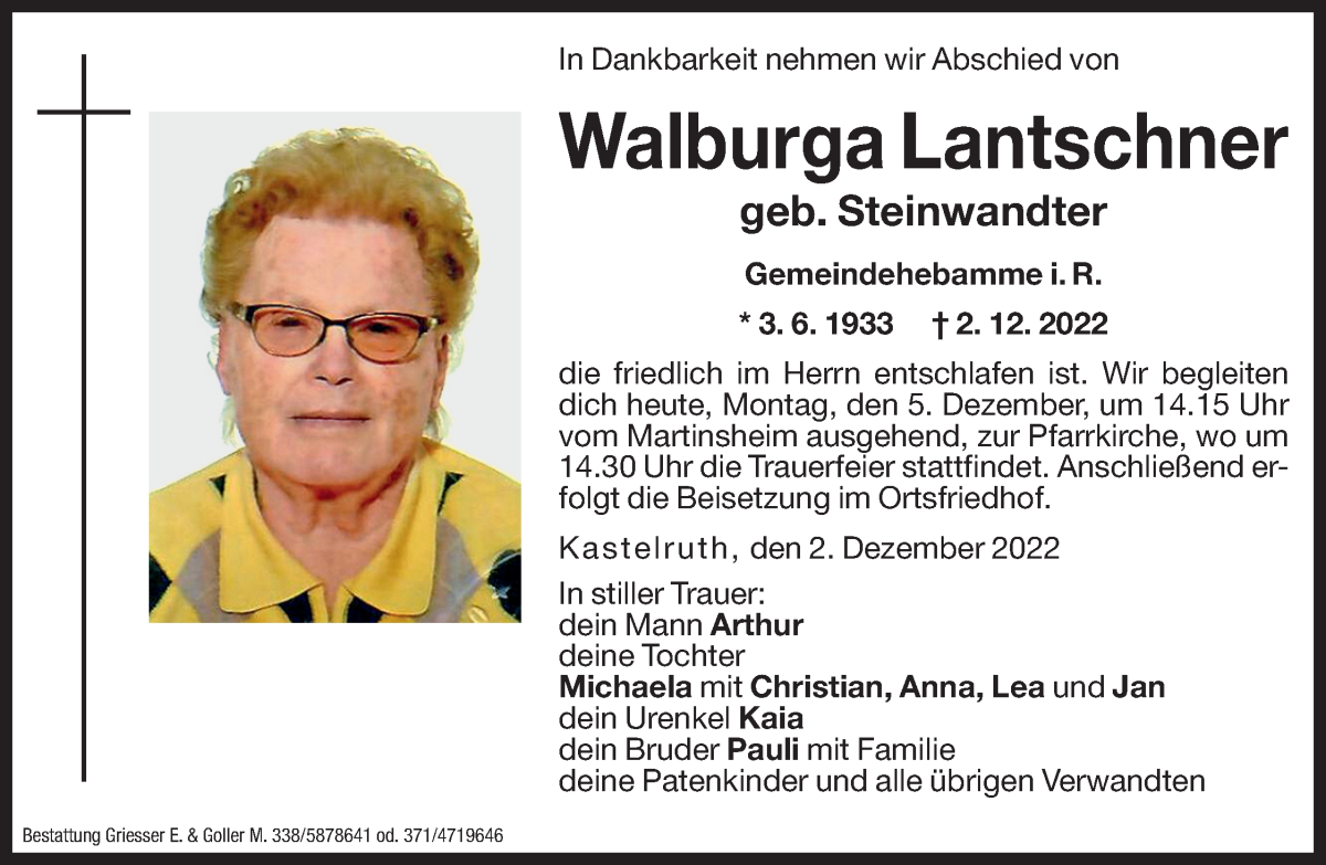  Traueranzeige für Walburga Lantschner vom 05.12.2022 aus Dolomiten