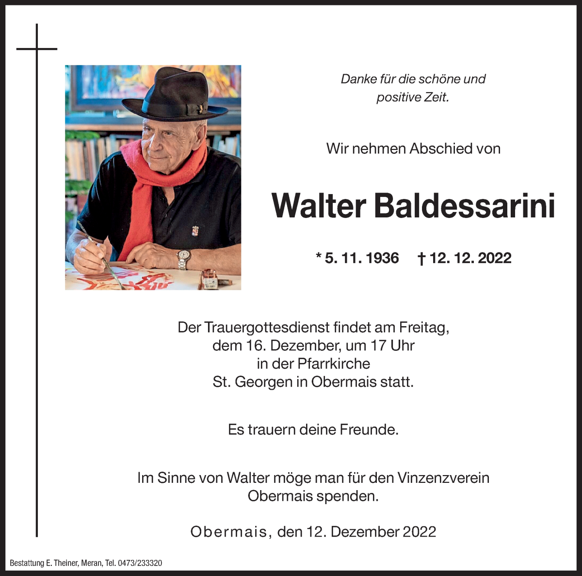  Traueranzeige für Walter Baldessarini vom 14.12.2022 aus Dolomiten