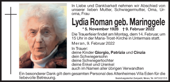 Traueranzeige von Lydia Roman von Dolomiten