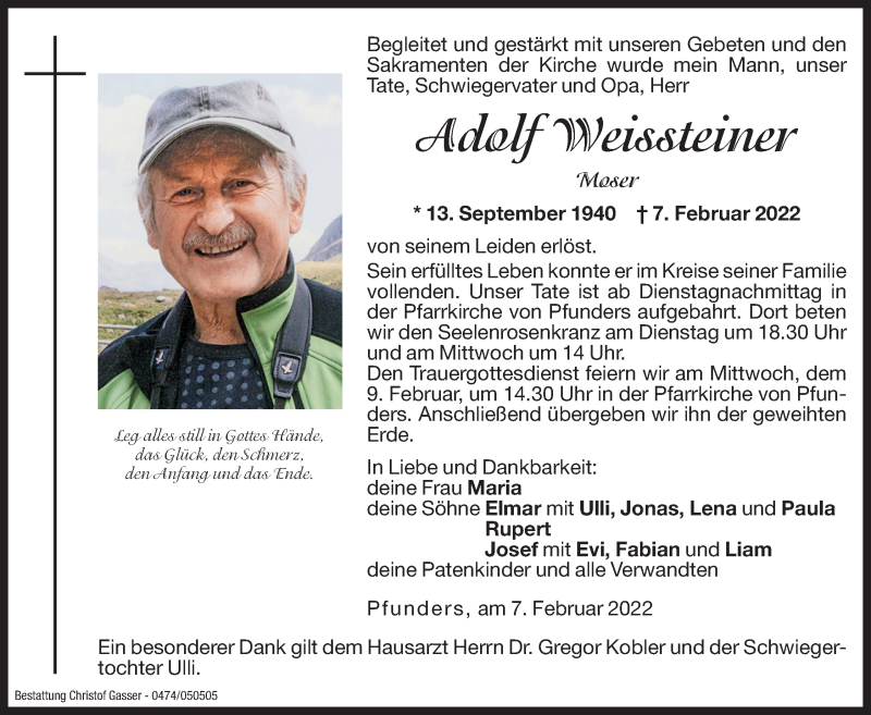  Traueranzeige für Adolf Weissteiner vom 08.02.2022 aus Dolomiten