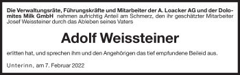 Traueranzeige von Adolf Weissteiner von Dolomiten