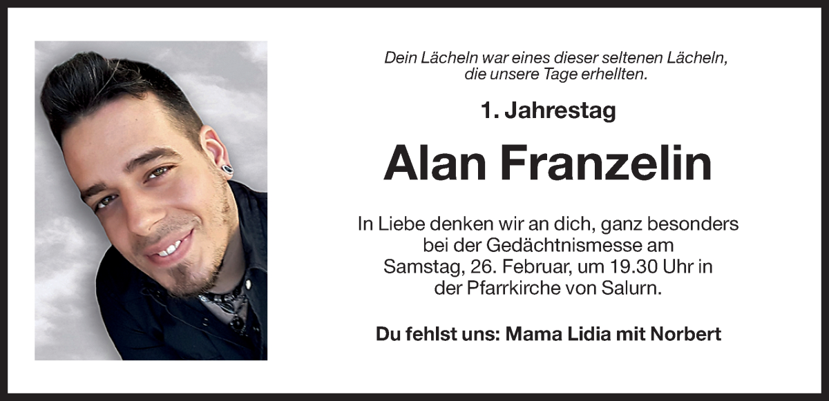  Traueranzeige für Alan Franzelin vom 25.02.2022 aus Dolomiten