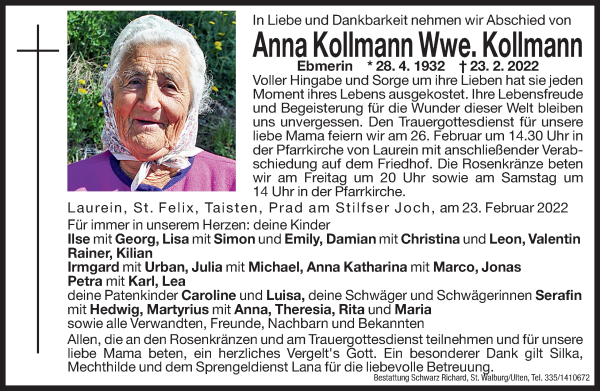 Traueranzeige von Anna Kollmann von Dolomiten