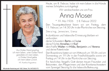 Traueranzeige von Anna Moser von Dolomiten