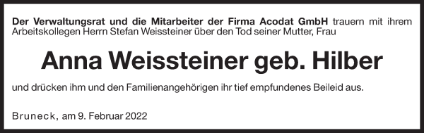 Traueranzeige von Anna Weissteiner von Dolomiten
