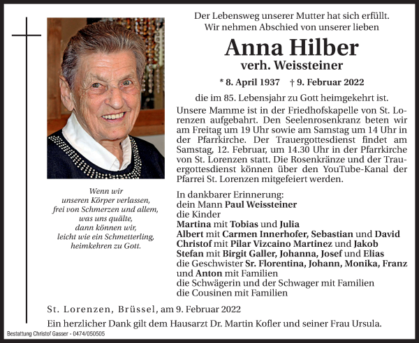 Traueranzeige von Anna Weissteiner von Dolomiten