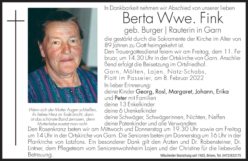  Traueranzeige für Berta Fink vom 09.02.2022 aus Dolomiten