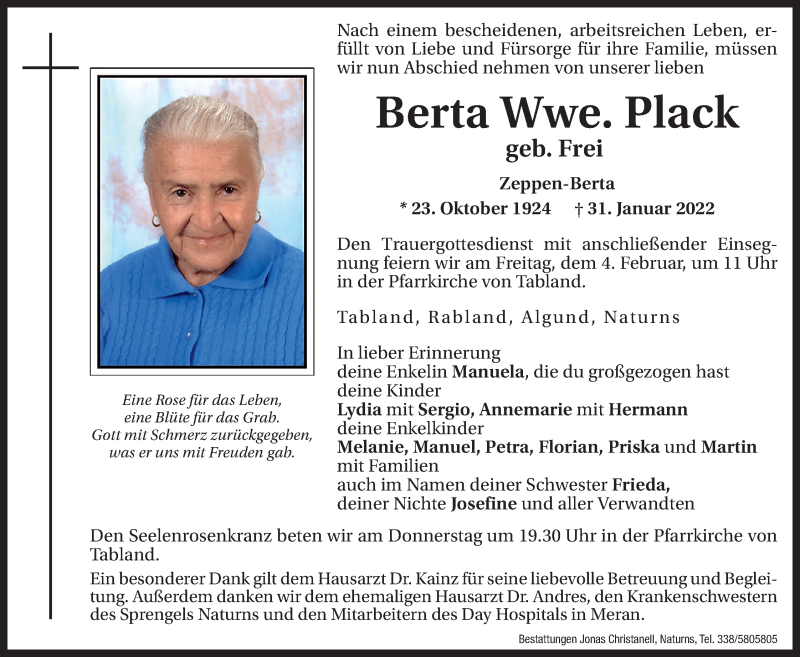  Traueranzeige für Berta Plack vom 02.02.2022 aus Dolomiten