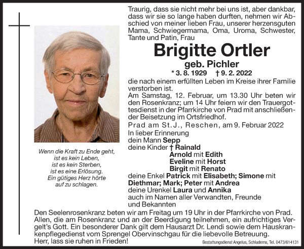 Traueranzeige von Brigitte Ortler von Dolomiten