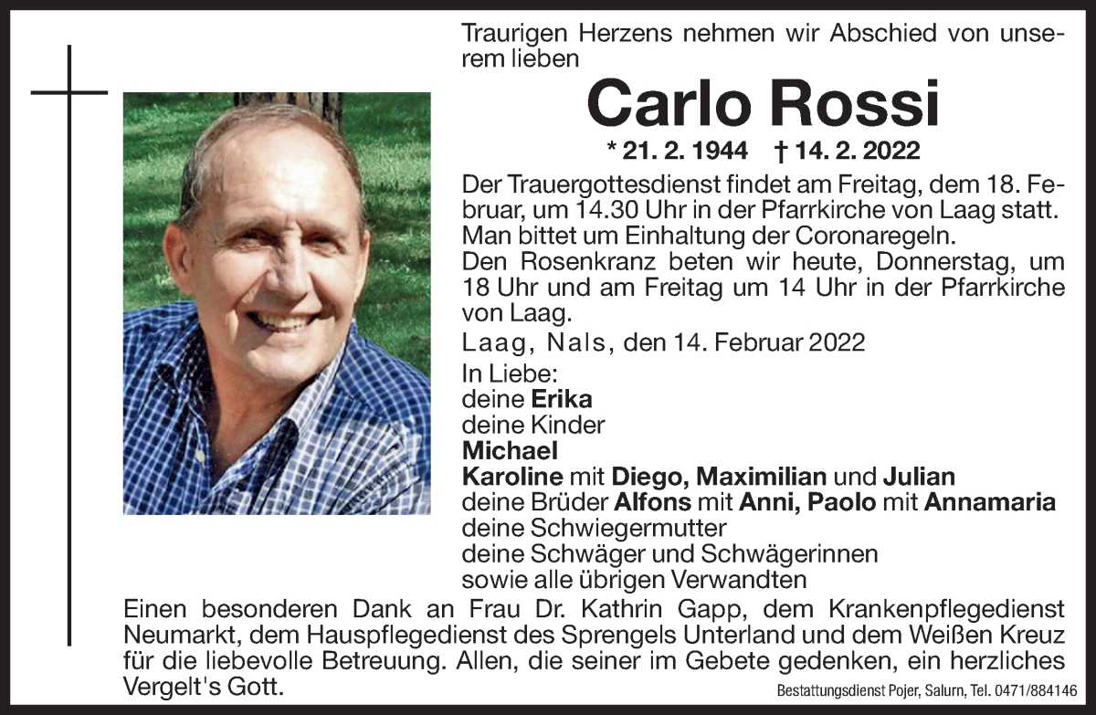  Traueranzeige für Carlo Rossi vom 17.02.2022 aus Dolomiten