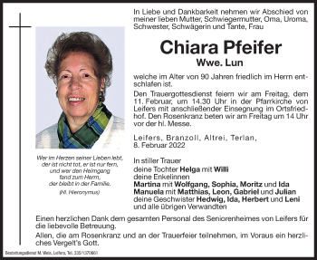 Traueranzeige von Chiara Lun von Dolomiten