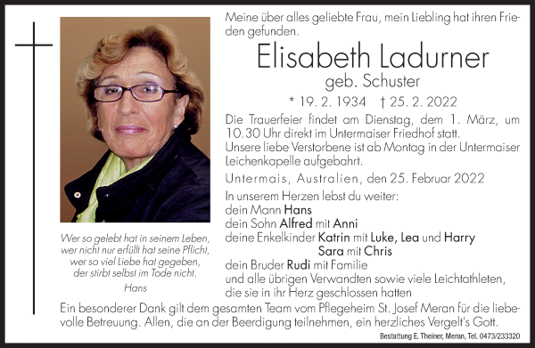Traueranzeige von Elisabeth Ladurner von Dolomiten