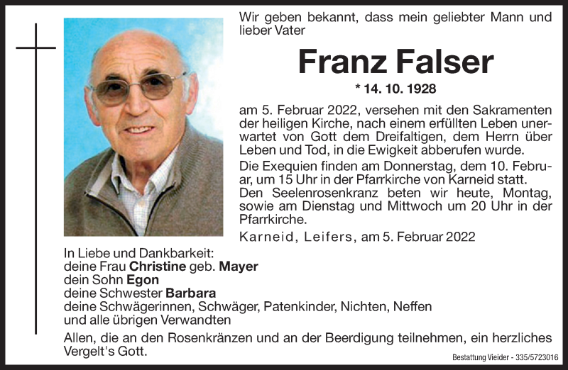  Traueranzeige für Franz Falser vom 07.02.2022 aus Dolomiten