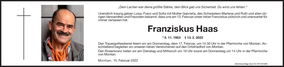  Traueranzeige für Franziskus Haas vom 15.02.2022 aus Dolomiten