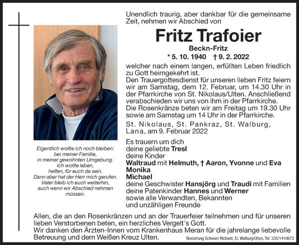 Traueranzeige von Fritz Trafoier von Dolomiten