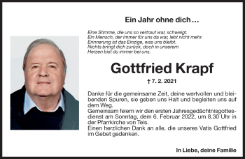Traueranzeige von Gottfried Krapf von Dolomiten