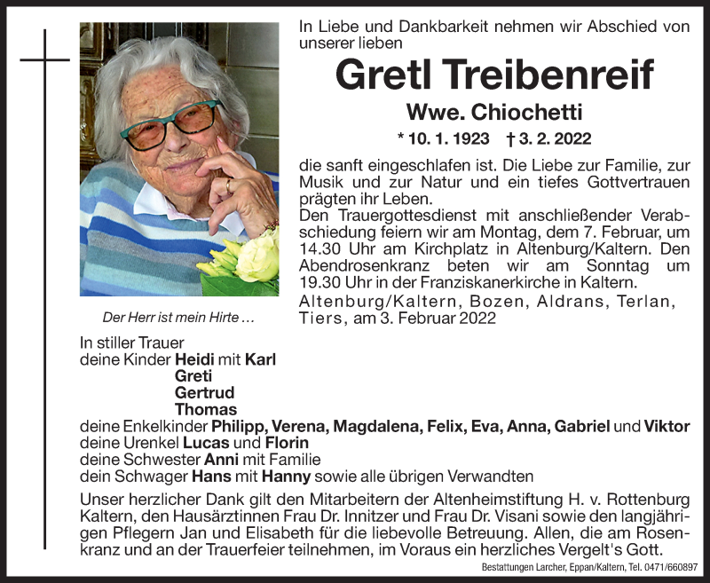  Traueranzeige für Gretl Chiochetti vom 05.02.2022 aus Dolomiten