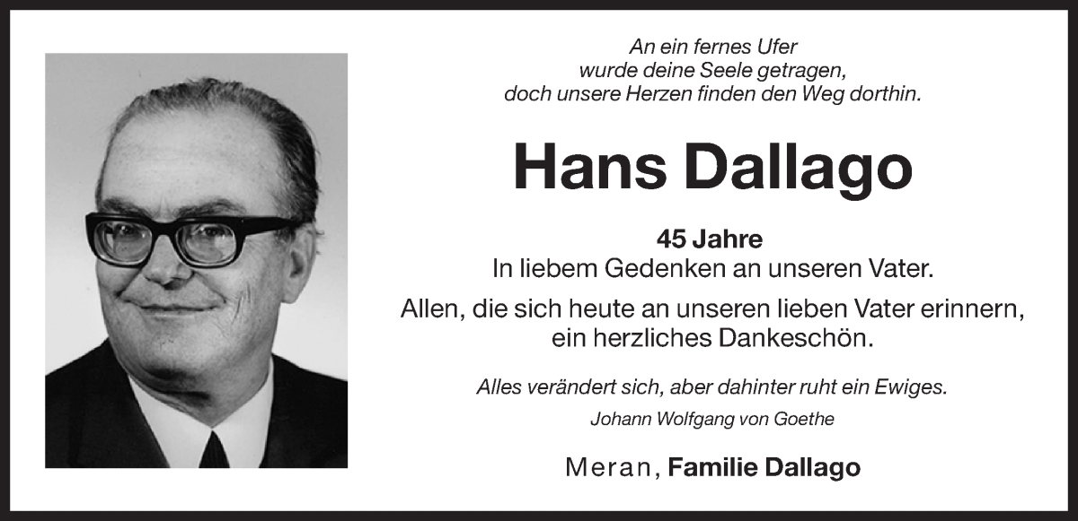  Traueranzeige für Hans Dallago vom 18.02.2022 aus Dolomiten