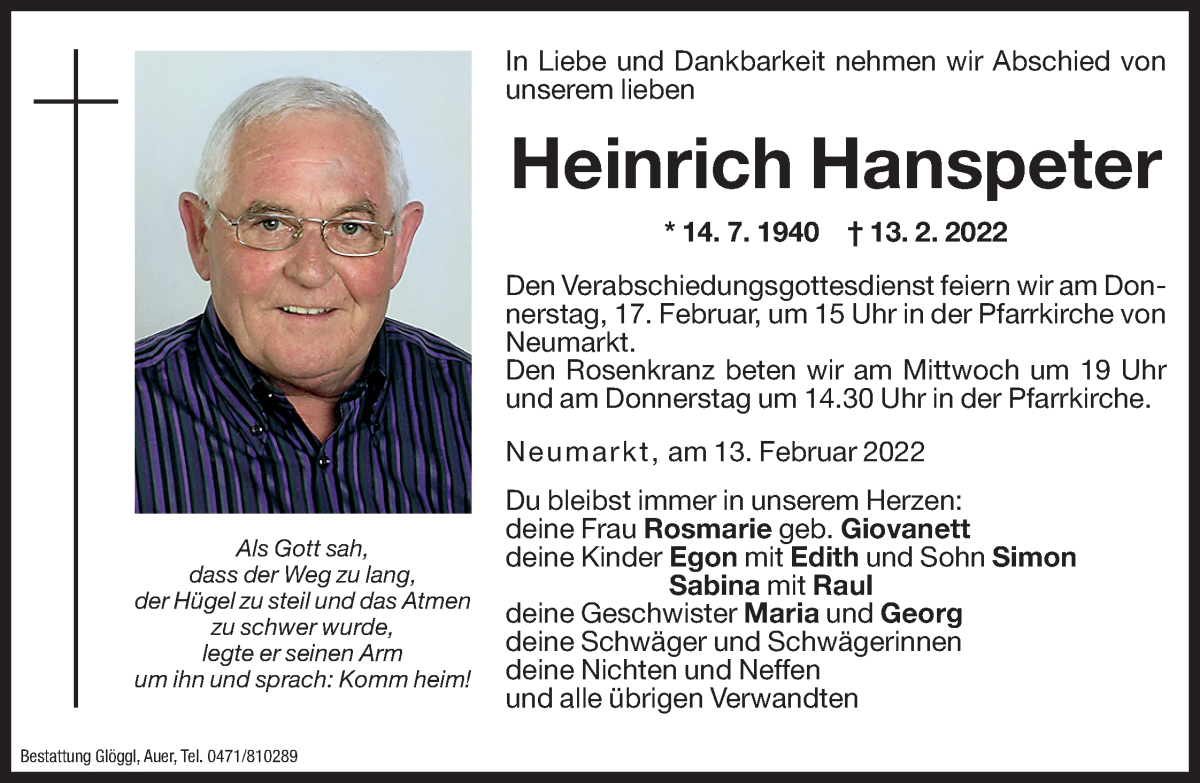  Traueranzeige für Heinrich Hanspeter vom 15.02.2022 aus Dolomiten