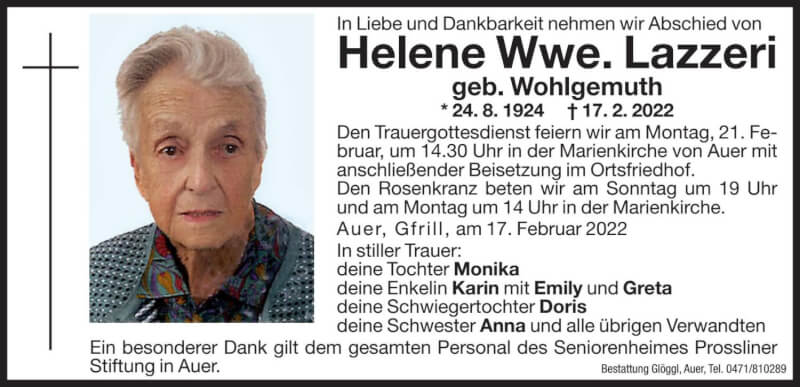  Traueranzeige für Helene Lazzeri vom 19.02.2022 aus Dolomiten