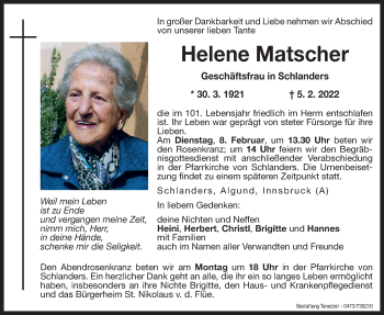Traueranzeige von Helene Matscher von Dolomiten